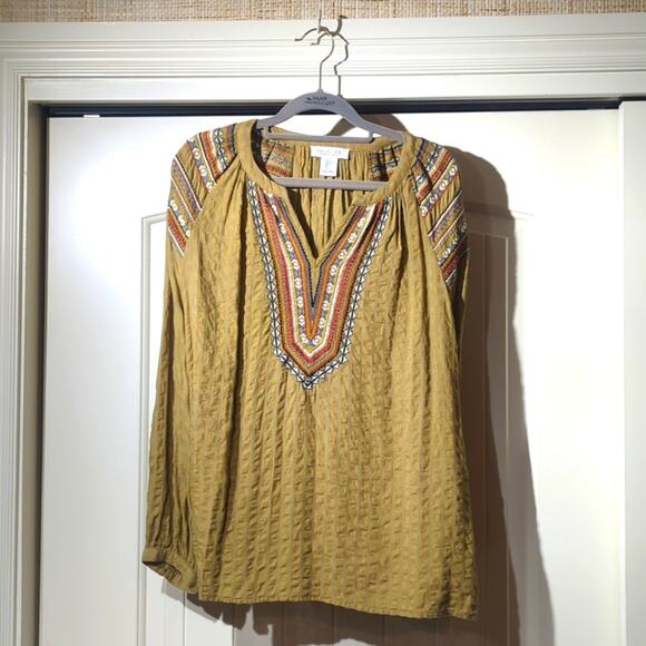 Rachel Zoe Gold Ruched Aztec Design Embroidered V Neck Top Women's Size L - Picture 1 of 9